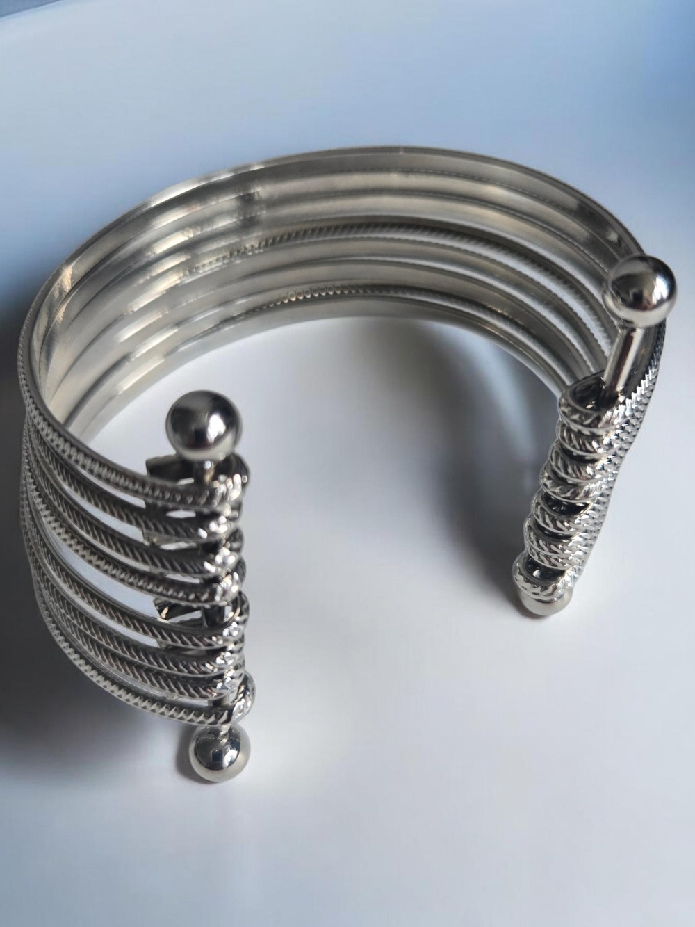 Silver Multi-Row Cuff Bracelet with Polished Ball Ends